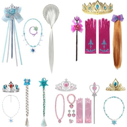 Elsa Jewelry Blue Set Crown Magic Wand Gloves Wig Braid Neclace Birthday Party Friends Children Decoration Anna