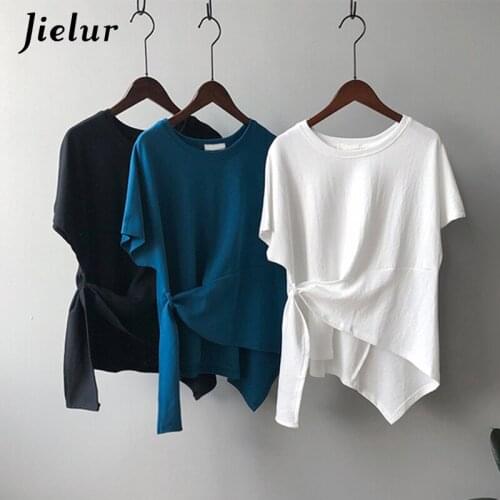 Jielur Solid Color 2021 Summer T-shirt O-neck Black White Blue T Shirts For Woman Base Loose Women Short Sleeve Tops Side Tie