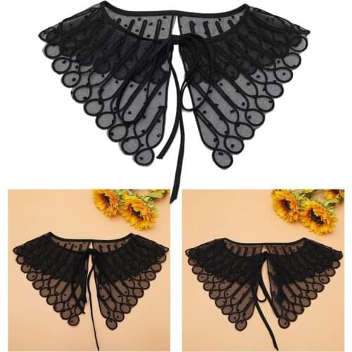 Korean Style Hollow Out Lapel Fake Collar Shawl Wrap Embroidery Floral Lace Necklace Half Blouse with Pearl Brooch Pin