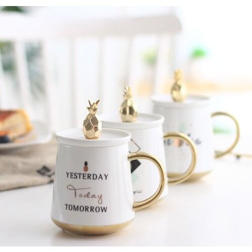 Ins Gold Color Mugs Pineapple Coffee Cups Ceramics Home Breakfast Milk Mug Tea Cup Nordic Style Mugs with Lid Drop Shipping