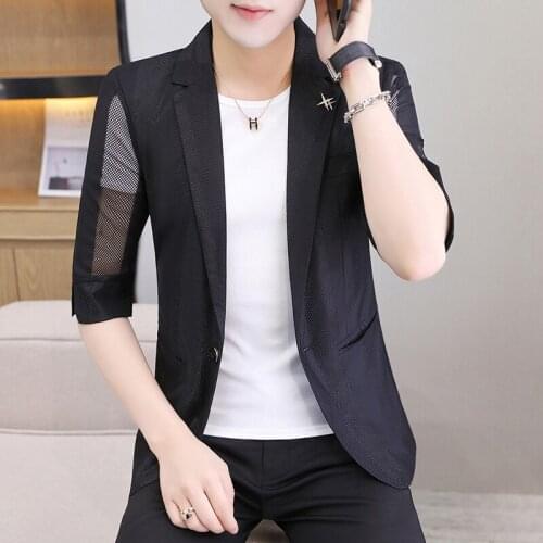 Summer Medium-sleeved Sun-protective Clothing Ice Silk Small Suit Male Hairstylist Hollow Short Sleeved Thin Coat Suit Tide 602
