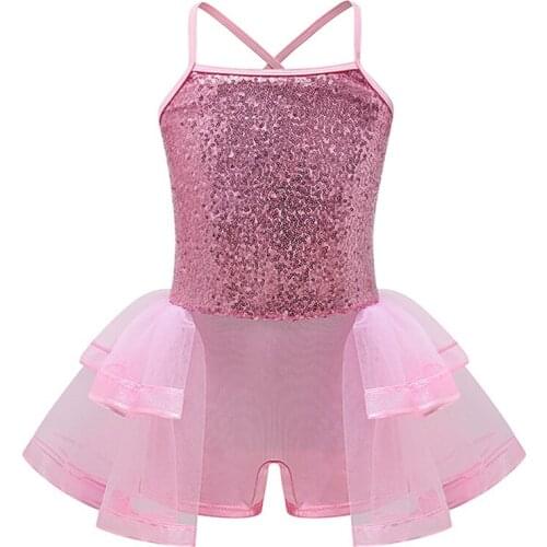 Lolanta Kids Girls Pink Camisole Sequins Mesh Ballet Tutu Dress Gymnastic Dance Leotard Skirt Dancewear Performance Costume