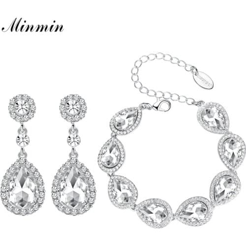 Minmin Silver Color Bridal Jewelry Sets Long Earrings with Bracelet for Women Wedding Accessories African Beads EH070+SL051
