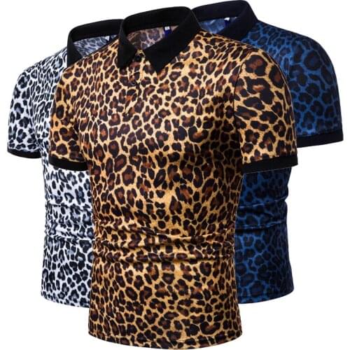 Fashion New Summer Casual T Shirt Men Short Sleeve Turn Down Collar Slim Fit Shirt Sexy leopard print polo shirt