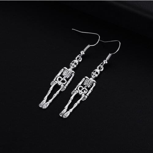 Trendy Vintage Skeleton Shape Dangle Antique Silver Plated Earrings for Women Girl Retro Drop Earrings Cute Earring Jewelry