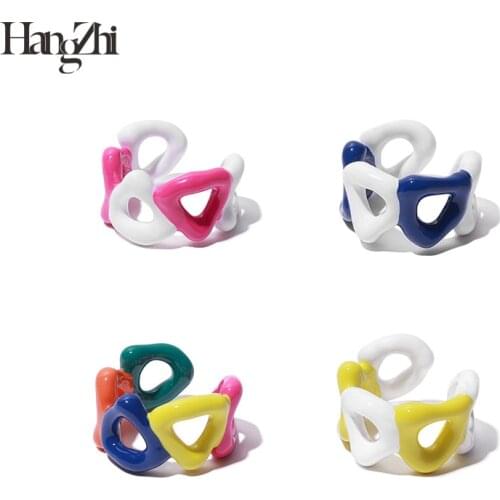 HangZhi 2021 New Colorful Dripping Oil Glaze Enamel Geometric Hollow Chain Pea Open Rings for Women Girls Party Jewelry