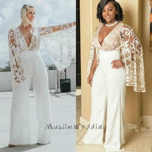 New Celebrity White Prom Dresses Sexy Deep V Neck Top Lace Jumpsuit Evening Dress With Pant Suit Plus Size African Party Gown