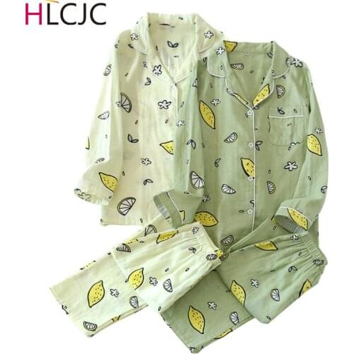 New Spring Autumn Ladies Pajamas Cotton Gauze Long-sleeved Home Clothes Fresh Cute Lemon Summer Two Piece Pyjamas Femme 2021 New
