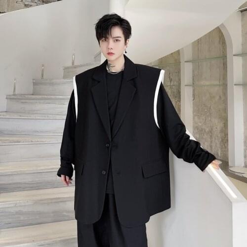 Autumn mens contrast color vest Korean fashion trend mens loose sleeveless suit hairdresser youth casual coat