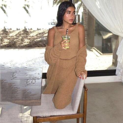 Autumn Fashion Casual 3 Piece Outfits Plush Fluffy Sexy Backless Crop Top And High Waist Pants Matching Set Party Clubwear