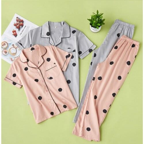 Couple Pajamas Women Autumn Pure Cotton Satin Polka Dot Short-sleeved Trousers Pajamas Comfortable Two-piece Cotton Home Wear