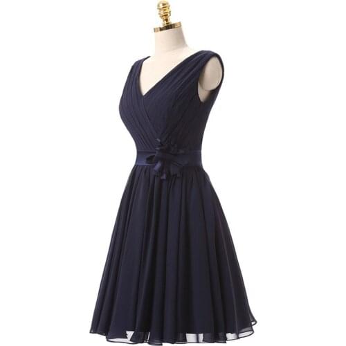 Bridesmaid Dresses Short Maid of Honor Gowns V-Neck Dark Navy Flower Sash A-Line Wedding Party Guest Wear Above Knee Custom Make