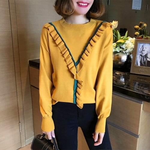 Autumn Winter Style Women Warm Knitted Pullover Sweater Lady Casual Long Sleeve O-Neck Ruffles Decor Pullover Shirts ZZ0889