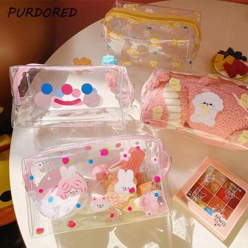 PURDORED 1 Pc Cartoon Clear Cosmetic Bag Waterproof PVC Women Makeup Bag Zipper Summer Beach Bag Travel Toiletry Kit Neceser