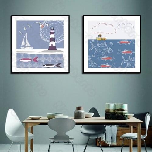 Nordic Style Canvas Painting Wall Poster Blue and Purple Background Fish Sailboat for Living Room Bedroom Restaurant Decoration