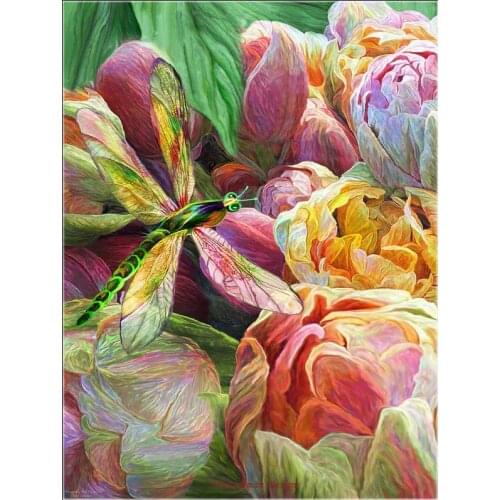 Counted Cross Stitch Kits Needlework Embroidery - Crafts 14 ct Aida DMC Color DIY Arts Homemade Home Decor - Dragonfly and Tulip