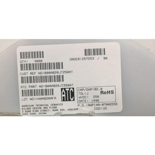 800A820JT250XT Chip high frequency capacitor ATC O505 0.5x0.5 82PF 250V