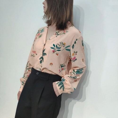 Ladies Flower Bird Coconut Tree Print V-neck Long-sleeved Commuter Button Shirt Top