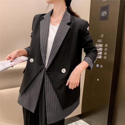 New Black Design Striped Stitching Suit Jacket Female Temperament Korean Style Loose Spring and Autumn Blazer Women Coat y051