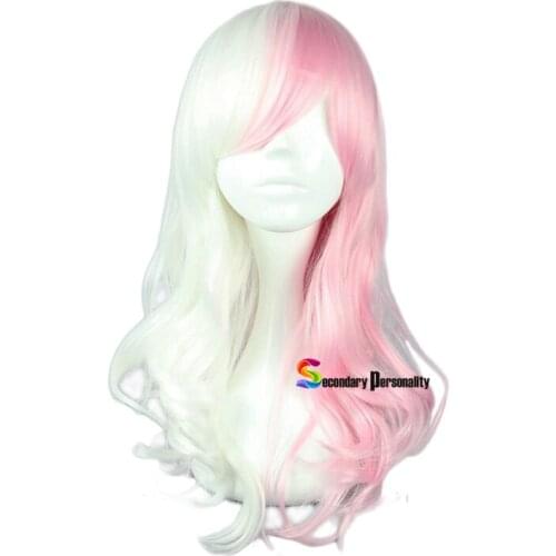 Anime Danganronpa Monomi Women Long Curly Wig Cosplay Costume Dangan Ronpa White Pink Mix Synthetic Hair Halloween Party Wigs