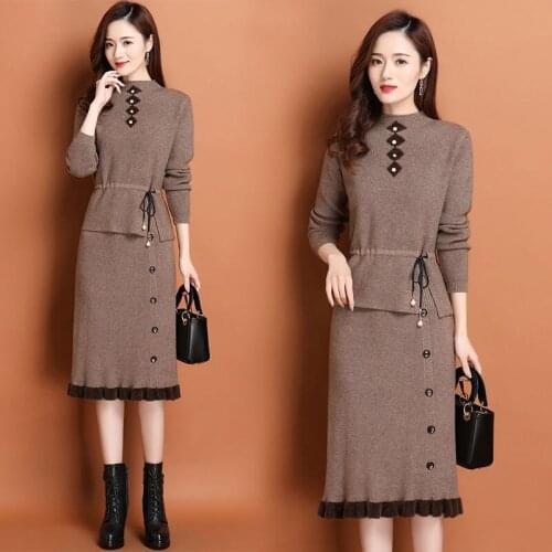 Women 2 Piece Set Female Autumn Fashion Women Half Turtleneck Sweater Tops and Solid Midi Skirt Ladies Casual Knitted Suit Q809