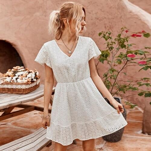 Summer Dress Women Hollow Out White Dress Puff Sleeve Ruffled V-neck A-line Mini Dress Casual Elegant Work Party Retro Dresses