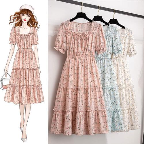 2021 Women Spring Summer Casual Print Dress Lady Square Collar Short Sleeve Chiffon Vestidos Female Elegant Pleated Dresses K864