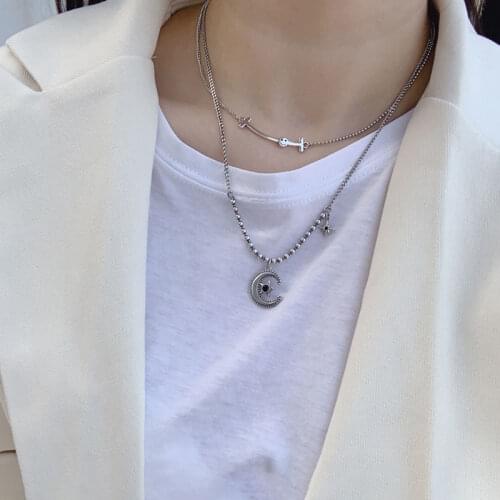 925 Sterling Silver Vintage Moon Star Charm Necklace Vintage Smiling Face Clavicle Chain Thai Silver Necklace For Women S-N631