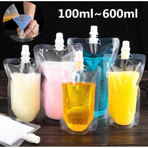 100pcs 100ml~600ml Transparent Stand up Spout Beverage Bag Plastic Spout Storage Pouch for Party Wedding Juice Beer with Funnels