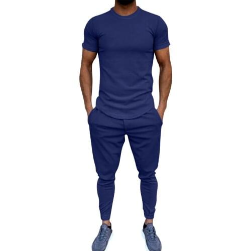 58# Tracksuit Men Summer Solid Short Sleeve T Shirts Long Pants Sets Sports Fitness Running Loungewear Ropa Deportiva Hombre