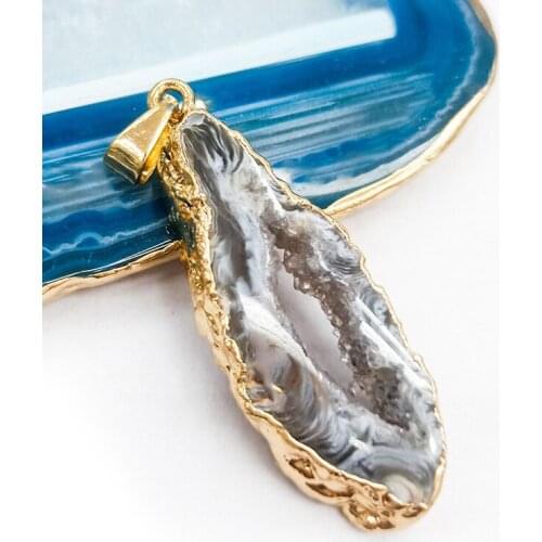 Irregualr Genuine Agates Quartz Energy Geode Druzy Necklace Healing Crystal Gold Plated Women Pendant Good Gift