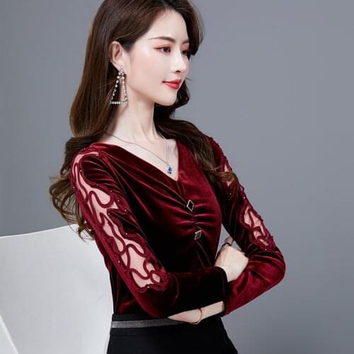 COIGARSAM Plus Size blouse women New Hollow Out V-Neck blusas womens tops and blouses Blue Wine Red Black 1251