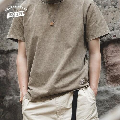 Maden Tooling Japanese Retro Fashion Solid Short Sleeve T Shirt Fitness Khaki Bodybuilding Top Tee Cotton Casual Summer Clothes