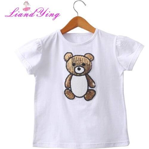 T-Shirts For Girls Sequins T Shirt Girls Cartoon Bear Kids Tshirt Summer Teen Clothes For Girls 2 4 6 8 10 12 Year