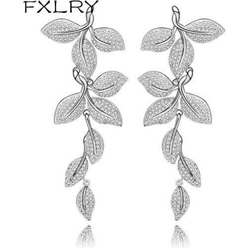 FXLRY New Design Elegant Micro Inlay AAA Cubic Zircon White Color Leaves Shape Long Earrings Women Fashion Jewelry