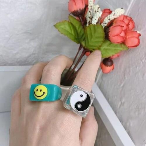 Goth Taiji Yin Yang Rings for Women Vintage Handmade DIY Punk Cool Expression Rings Resins Charms Y2K Jewelry 90s Aesthetic New