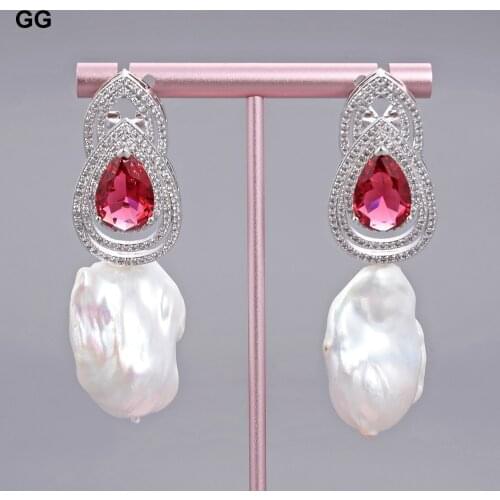 GuaiGuai Jewelry Cultured White Keshi Pearl Red Cz Rhinestone Earrings