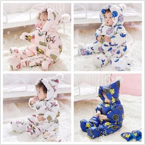 Newborn Baby Girl Down Romper 2018 New Winter Baby Boy Thicker Down Hooded Overall Outfit 1piece Child Warm Clothes 6m 1t 2t 3t