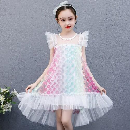 Girls Floral Summer Princess Dress Kids Sleeveless A-line Children Birthday Party Frock Double-layered Dress for 3-10 Years Old