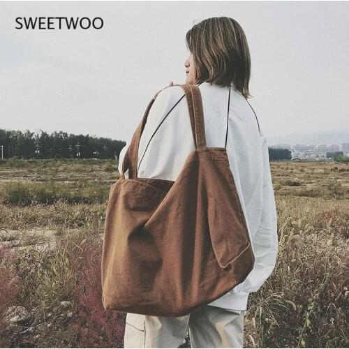 Reusable Shopping Bag Large Capacity One Shoulder Bag Vintage Solid Color Literary Canvas Tote Female Designer