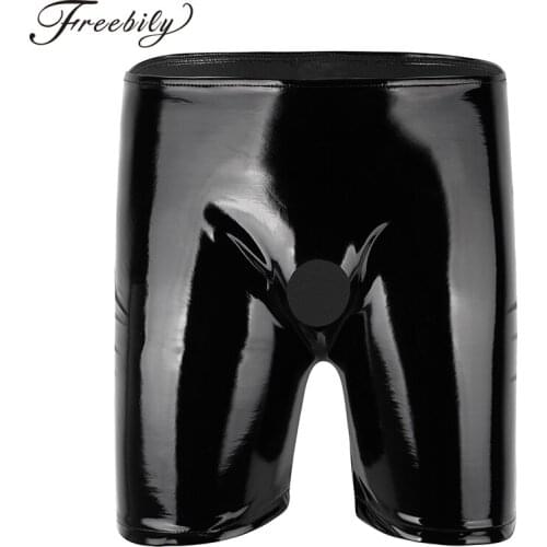 Mens Shiny Sexy Boxer shorts Underwear Patent Leather Open Penis Hole Long Leg Boxer Short Panties penis Rubber pants