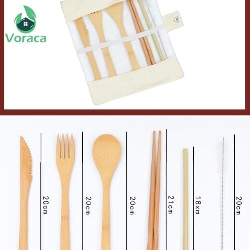 Creative 7pcs/set Bamboo Cutlery Set Travel Eco-friendly Fork Spoon Straw Set With Cloth Bag Portable Tableware Kitchen Picnic