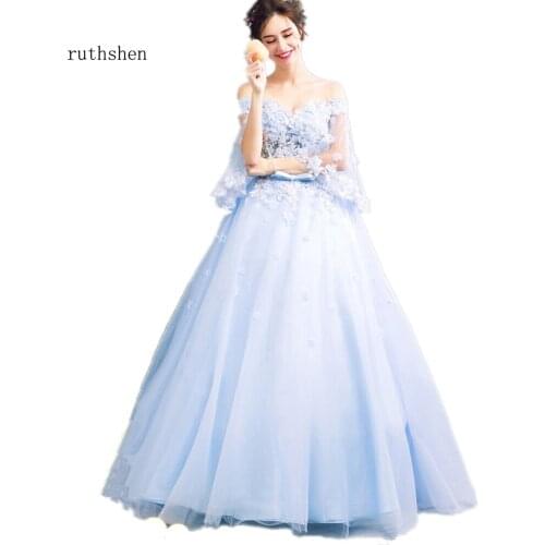 Ruthshen Bohemian Wedding Dresses 2020 Off Shoulder Appliques Flowers Beaded Light Blue Luxury Bridal Ball Gowns Cheap