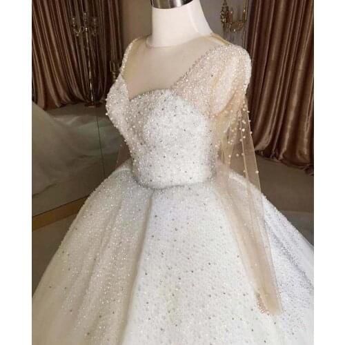 Vintage Robe De Mariee Illusion O Neck Beaded Heavily Long Sleeve Pleated Ball Gown Wedding Dresses