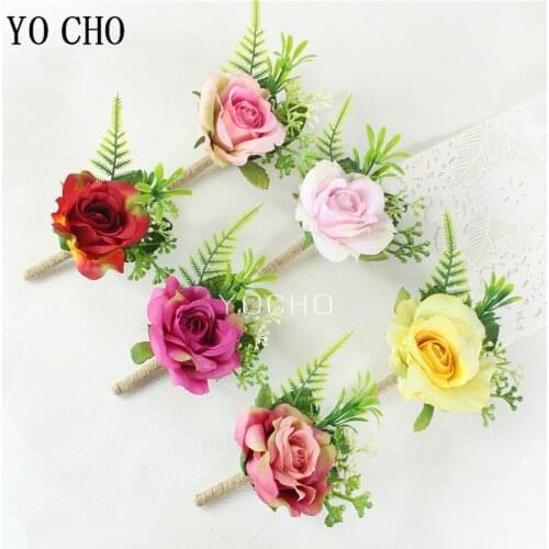 YO CHO Boutonniere and Wrist Corsage Artificial Flower Silk Rose Pink Wedding Girl Bracelet Men Brooch Pins Groom Boutonniere