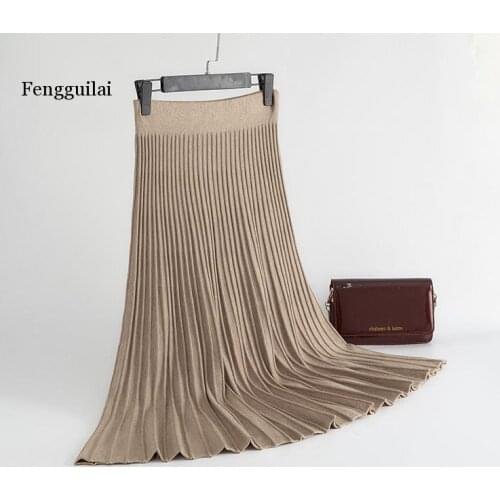 Vertical Striped knitted Women Sweater Skirt Elastic Band Pleated Midi Skirts Chic High Waist A-line Skirts Female
