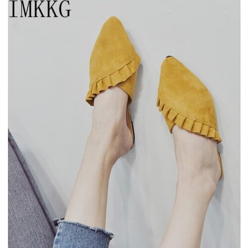 2018 New Pointed Toe Women Mules Suede Leather Flat Shoes Women Pleated Women yellow pink Shoes flats Mujer Q254
