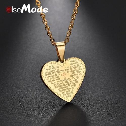 ELSEMOOD Christian Love Heart Women Necklaces Gold Titanium Steel Bible Pray Amulet Pendant Necklace Engagement Jewelry