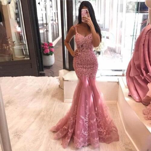 Pink Prom Dresses Mermaid Sweetheart Tulle Appliques Beaded Long Prom Gown Evening Dresses Robe De Soiree