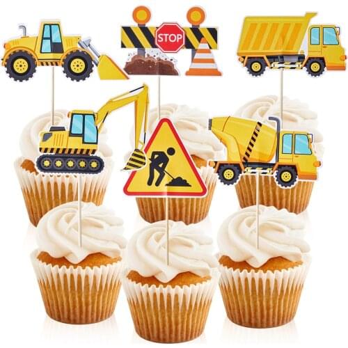 25PCS Engineering Vehicle Cake Topper Happy Birthday Party Banner for Kids Cartoon Car Centerpiece Birthday Party Decoration